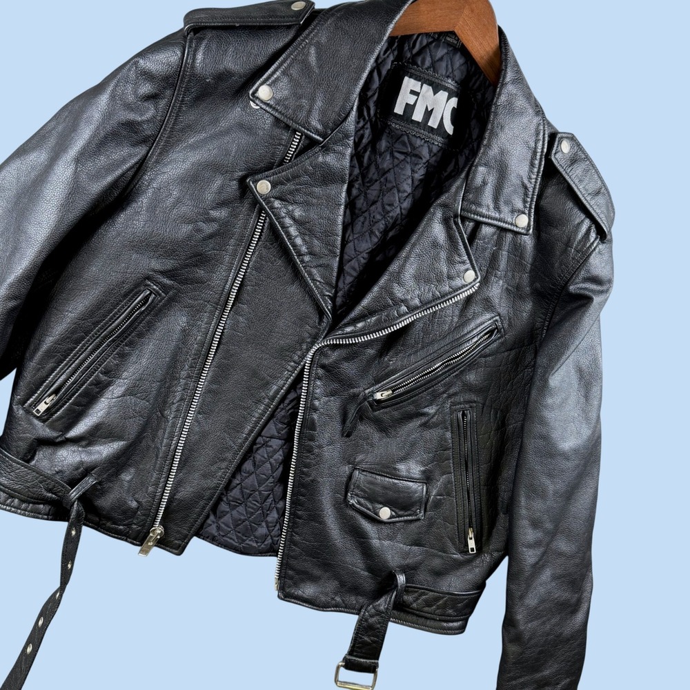 Vintage FMC Jacket Men 46 Black Leather Motorcycle Biker Heavy‎ Duty Belted Moto